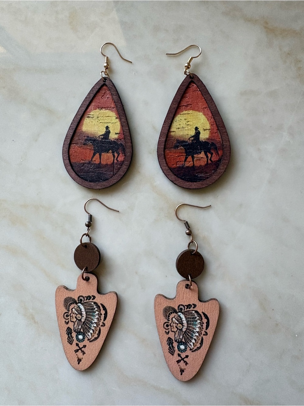 Western Sunset Cowboy Teardrop & Arrowhead Wooden Earrings